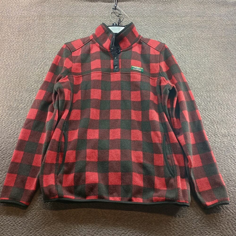 L.L.Bean Buffalo Plaid Fleece Pullover Women Large Red Black Snap Mock Neck
